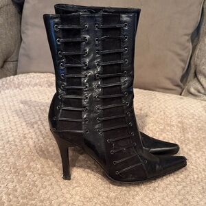 Nine West Black Lace-Up Pointed-Toe High Heel Boots